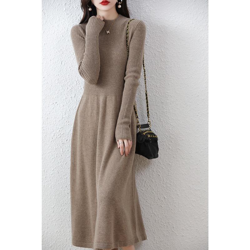 Autumn and winter knitted bottoming sweater skirt women's super long slim slim slim pullover long dress covering the stomach long sleeve dress