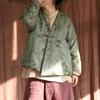 Johnature Women Vintage Print Floral Parkas V-Neck Long Sleeve Warm Autumn Coats Linen Chinese Style Single Button Parkas