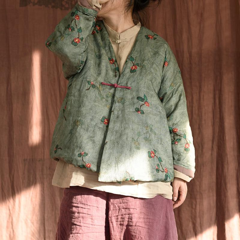 Johnature Women Vintage Print Floral Parkas V-Neck Long Sleeve Warm Autumn Coats Linen Chinese Style Single Button Parkas