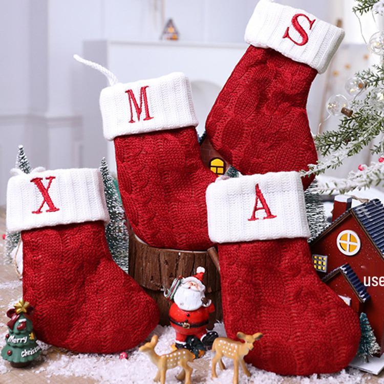 26-Letter Knitted Red Christmas Stockings - Festive Holiday Hanging Decorations
