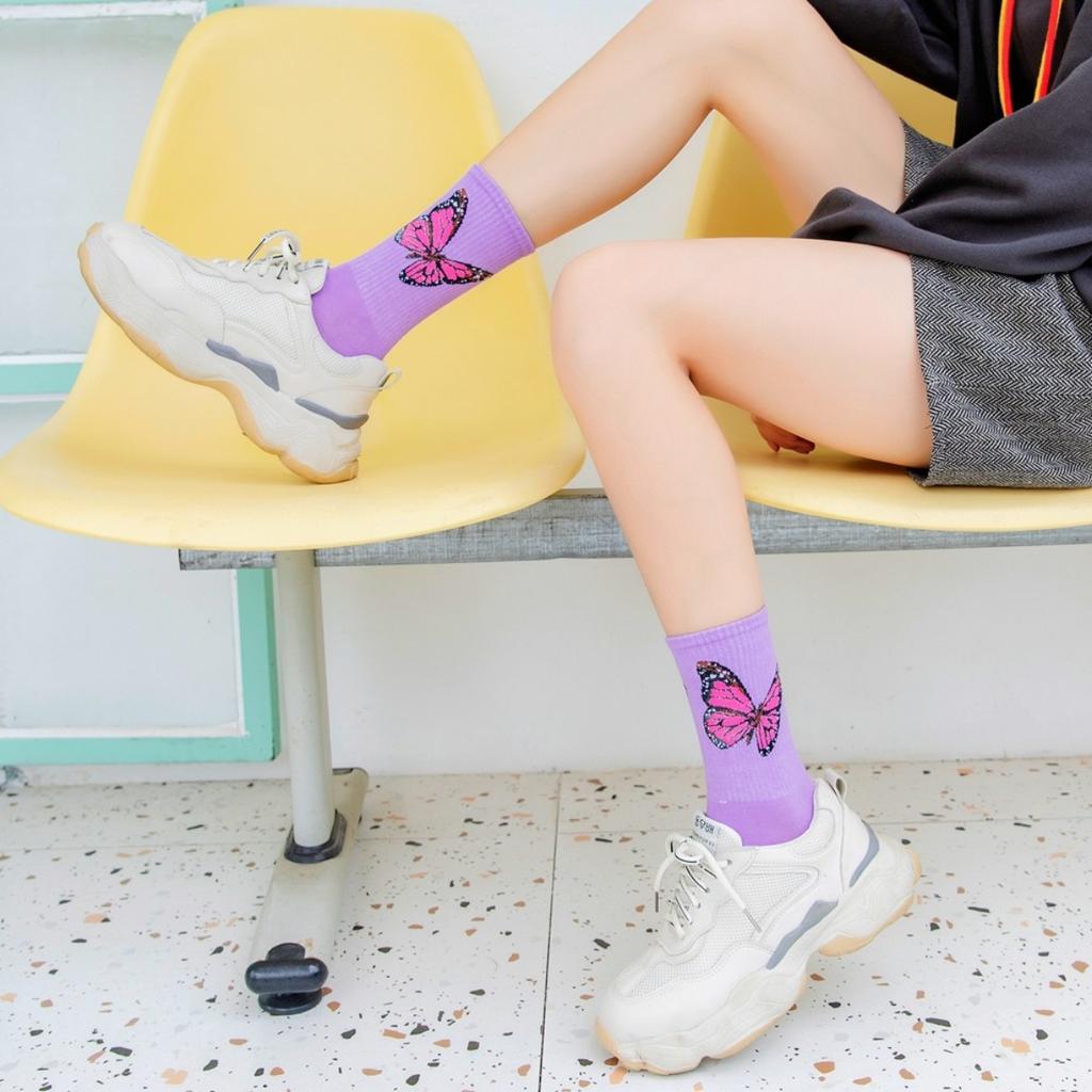 Ladies' Butterfly Printed Socks - Soft, Comfortable, and Trendy Candy Colors  Fashionable Street and Sports Socks, Suitable for All Seasons