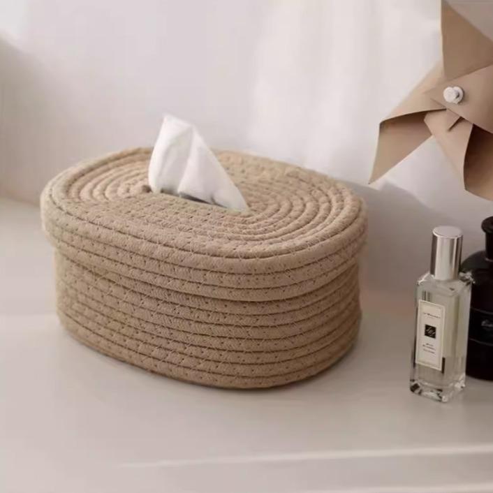 Nordic Style Cotton Rope Tissue Box with Lid - Living Room & Dining Table Storage Basket