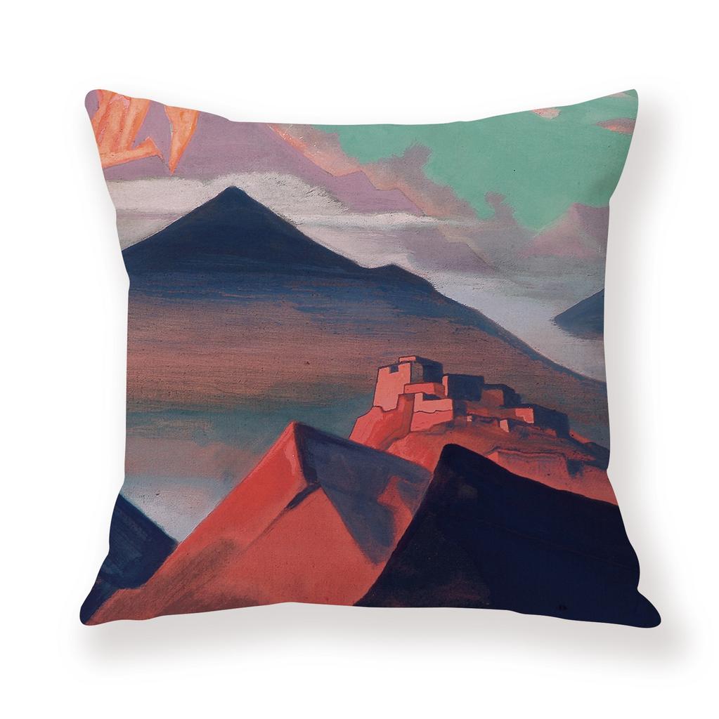 Painted Snow Mountain Sunset Colorful Sky Retro Pillow Case Sofa Model Room Decoration Pillow