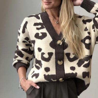 Kadınlar için Leopar Desenli Moda Rahat Hırka Kazak V Yaka Uzun Kollu Kalın Yumuşak Rahat Örgü Kazak Ceket Sıcak Bol Moda Örgü Ceket