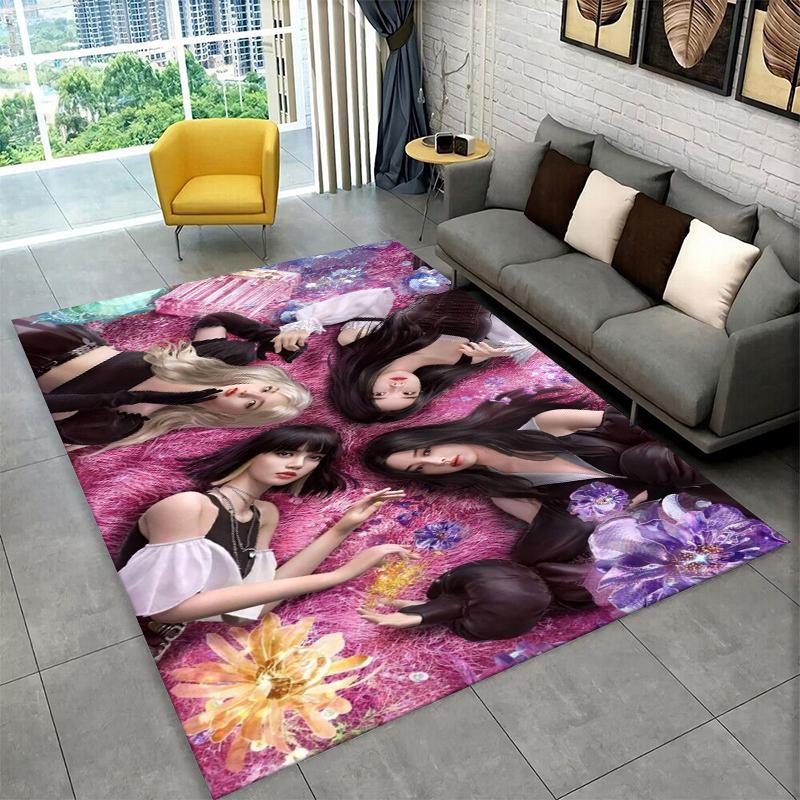 Fashion B-Black P-Pink Kpop Star Carpet Rug for Playroom Bedroom Living Room Sofa Home Decor,kid Area Rug Non-slip Floor Mat
