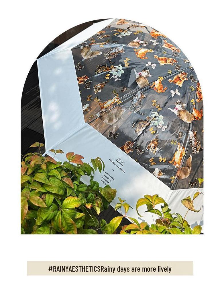 Umbrelă Transparentă Drăguță cu Pisici - Elegantă Semi-Automată cu Mâner Lung pentru Femei