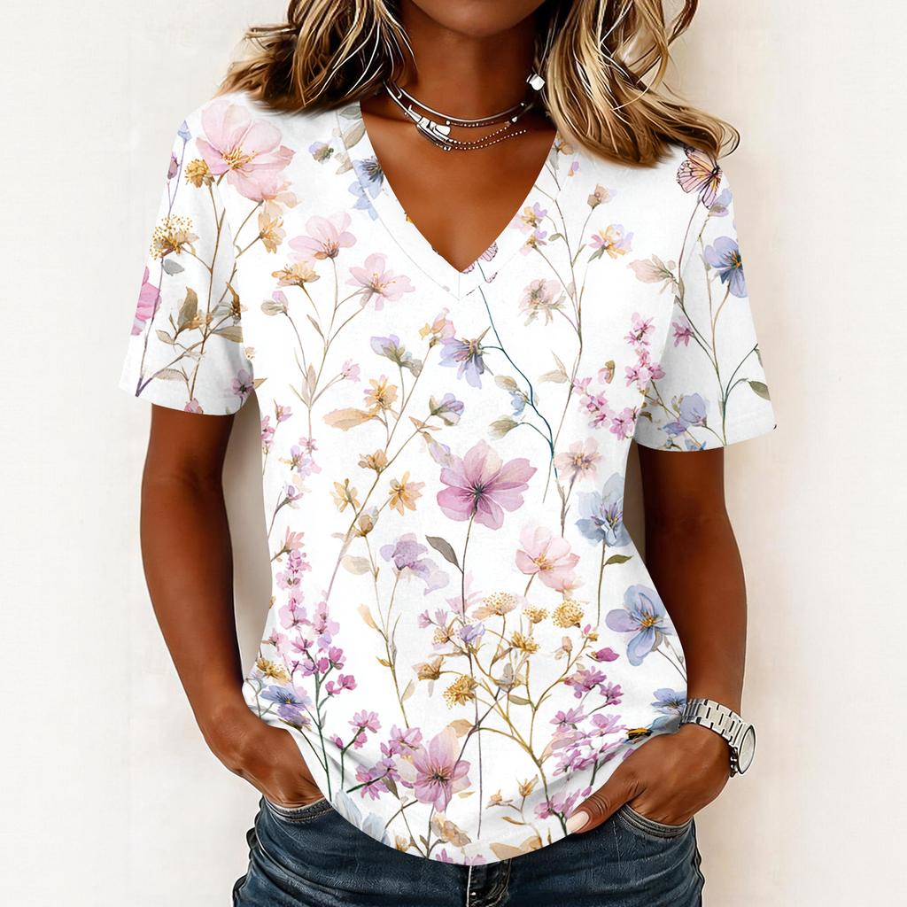 Women's fashionable casual short-sleeved floral print V-neck pullover top