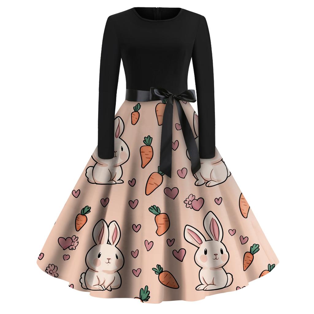 Women's Fashion Round Neck Casual Slim-fit Easter Printed Large Swing Long Sleeve Dress