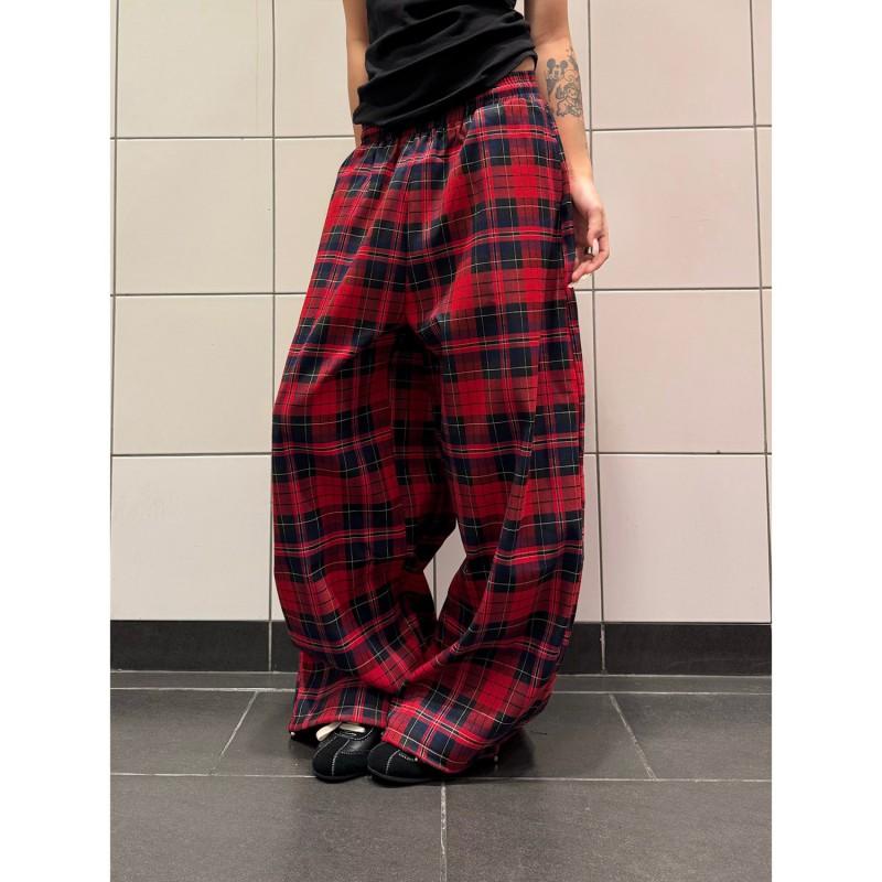 Vintage-inspirierte Color-Block-Karos mit Kordelzug, weites Bein, Damen, Herbst, Freizeit-Hosen