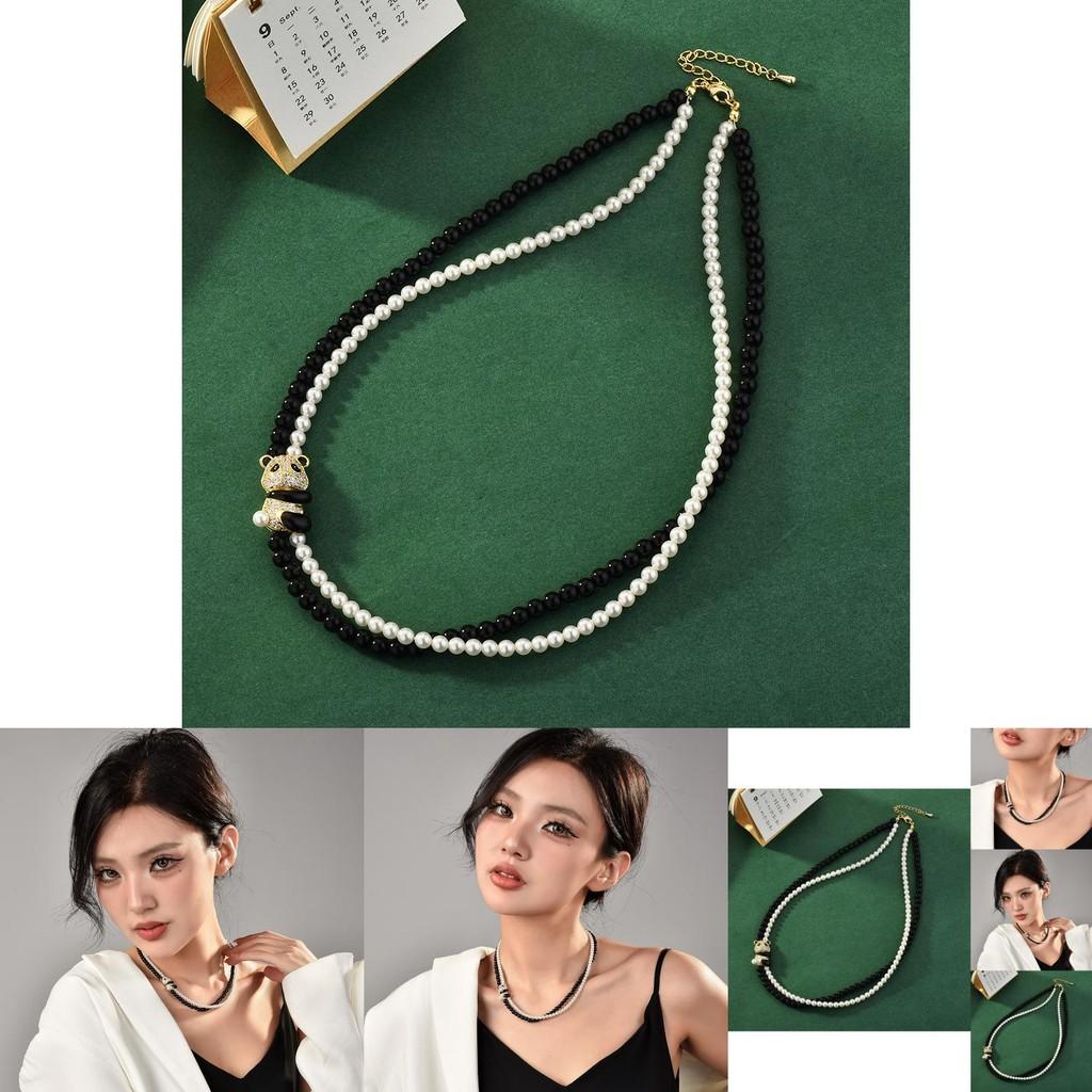Chic Retro Style Pearl And Crystal Choker Necklace With Charming Panda For Unisex Wear