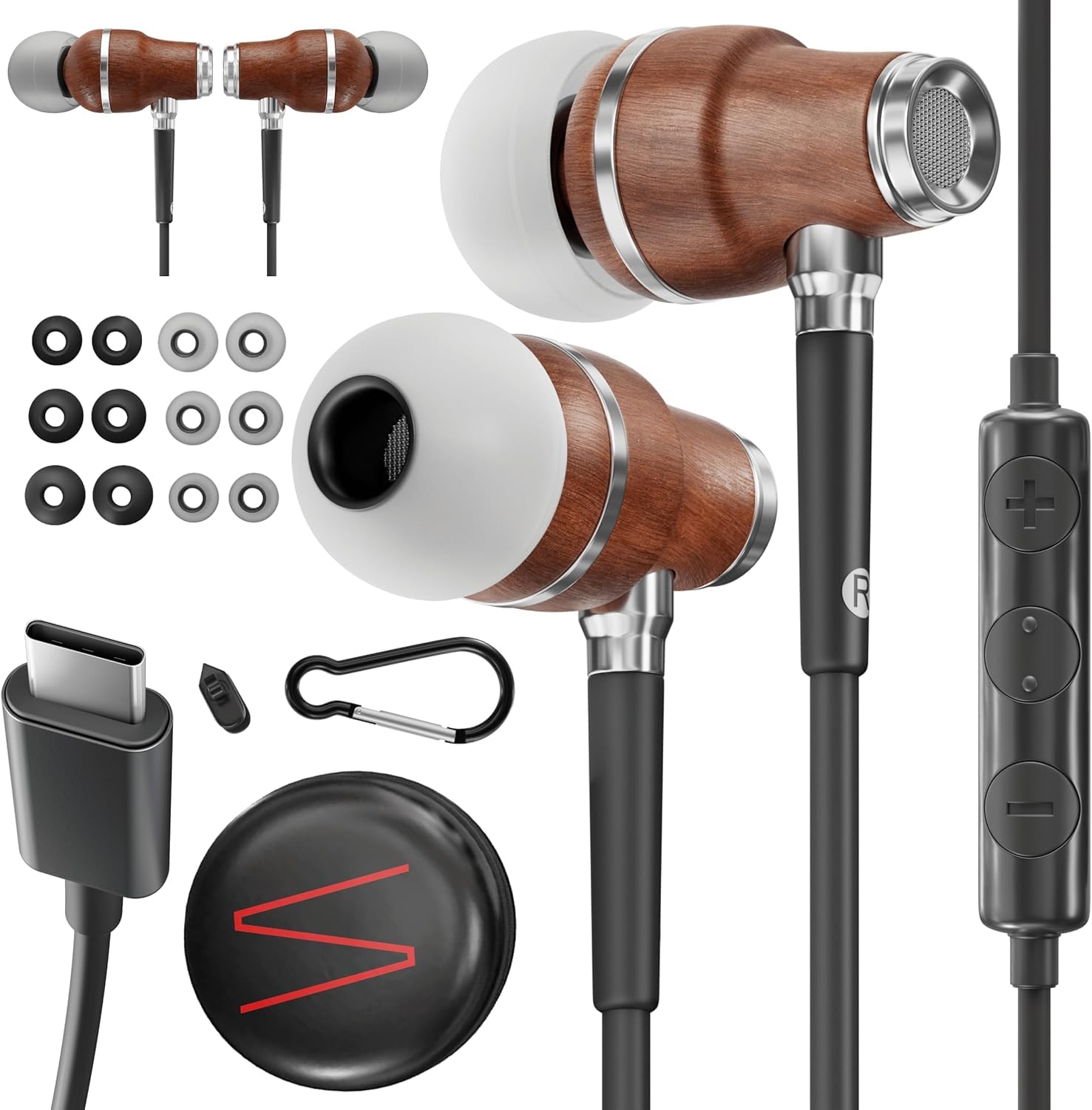 

Symphonized Premium Wooden iPhone Earphones Wired Deep Bass Sound 3D Sound Mic Volume Control Noise Cancellation for Type C Devices Earphones for чорний