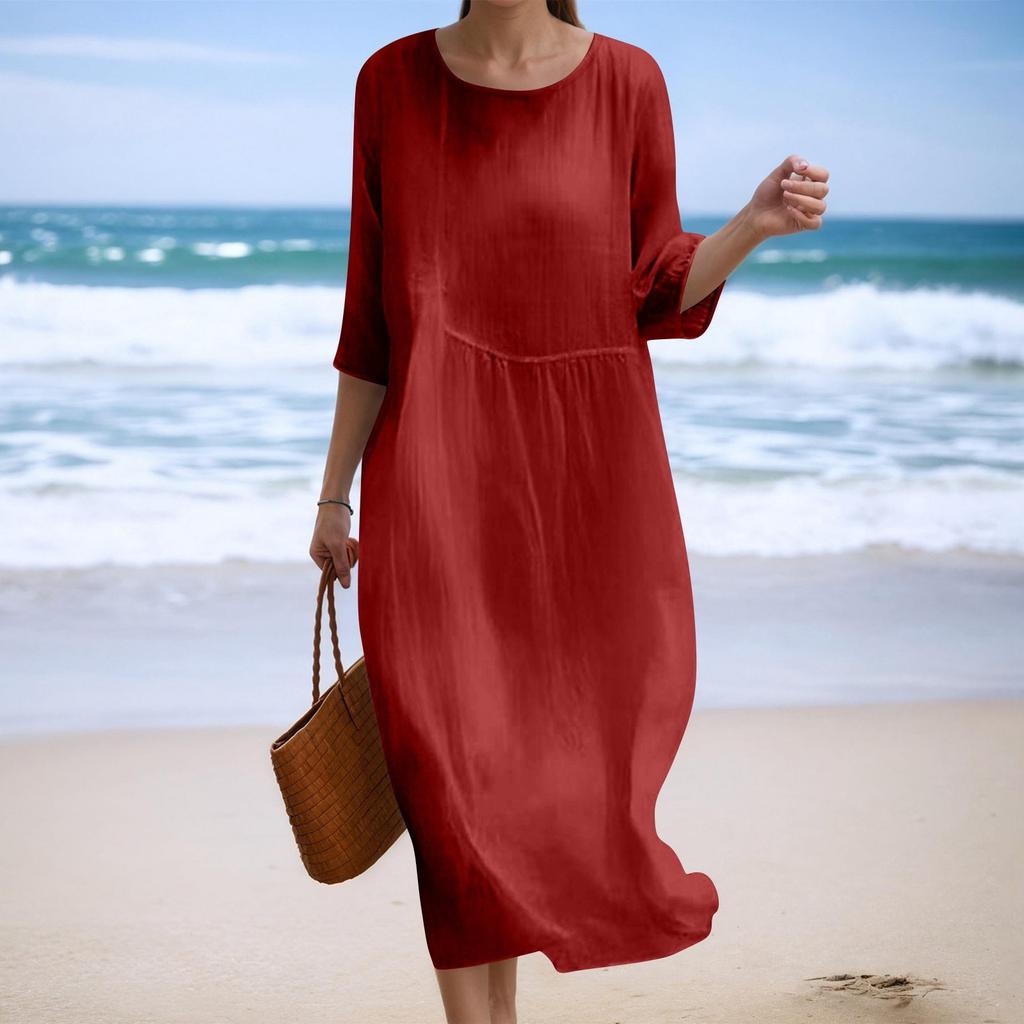 Damska Modna Sukienka o Luźnym Kroju z Okrągłym Dekoltem i Rękawem Siedem Ósmych w Jednolitym Kolorze