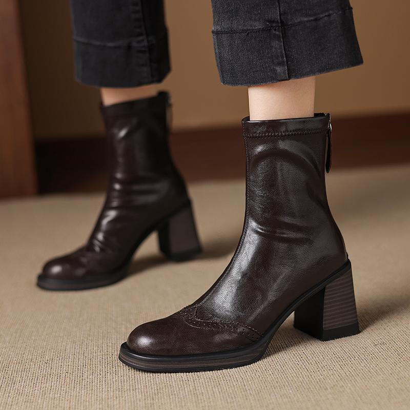 Fashion 2025 New Autumn Women Boots Sheepskin Leather Women Shoes Round Toe Chunky Heel Modern Short Boots Stretch Platform High Heels