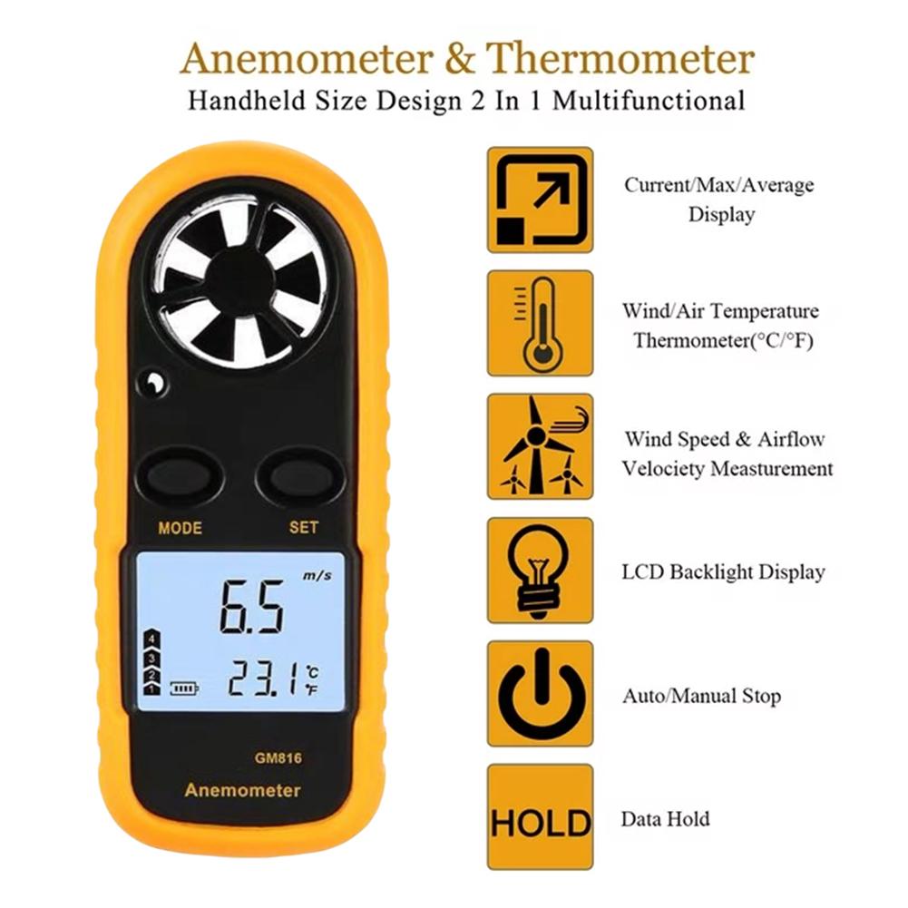 Digital Anemometer 0-30m/s Wind Speed Meter -10 ~ 45C Temperature Tester Anemometro with LCD Backlight Display