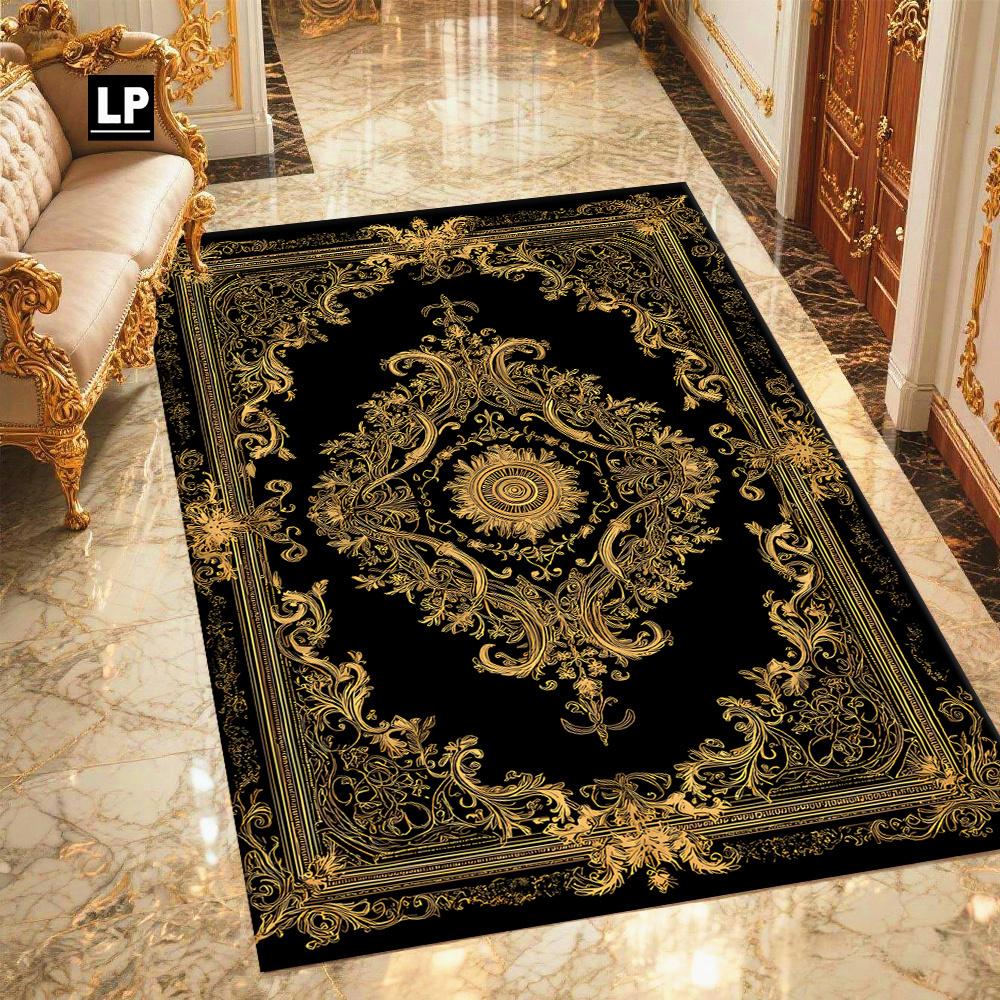 Luxury Black Gold Baroque Print Carpet Plush Flannel Rug Living Room Bedroom Home Decor Area Rug Non Slip Floor Mat