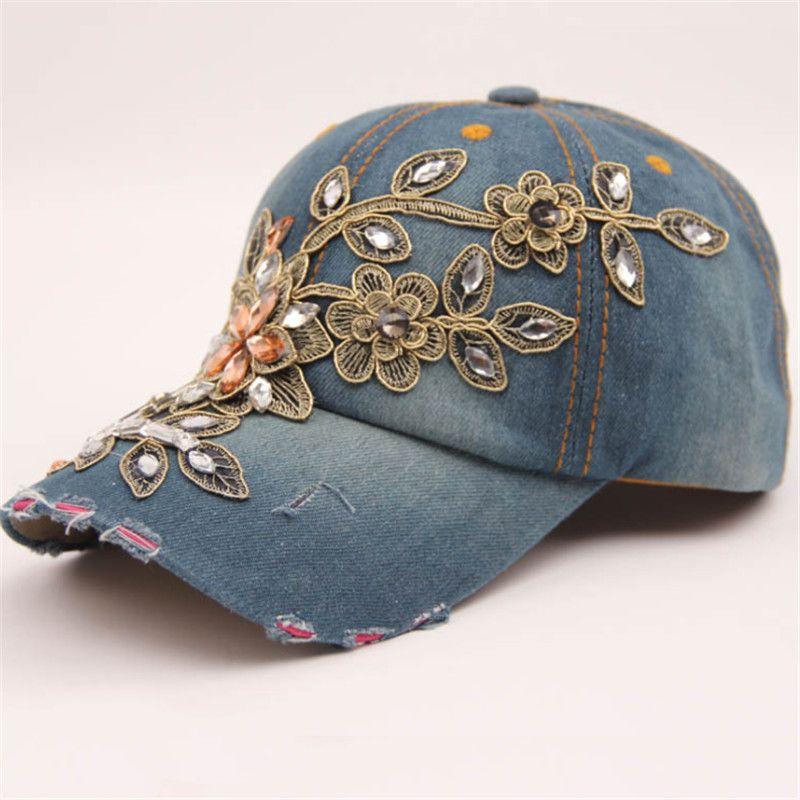 Fashion Hat Women's Diamond Golden Silk Flower Denim Baseball Cap Fashion Outdoor Shade Sun Protection Cap Casual Trendy Cap