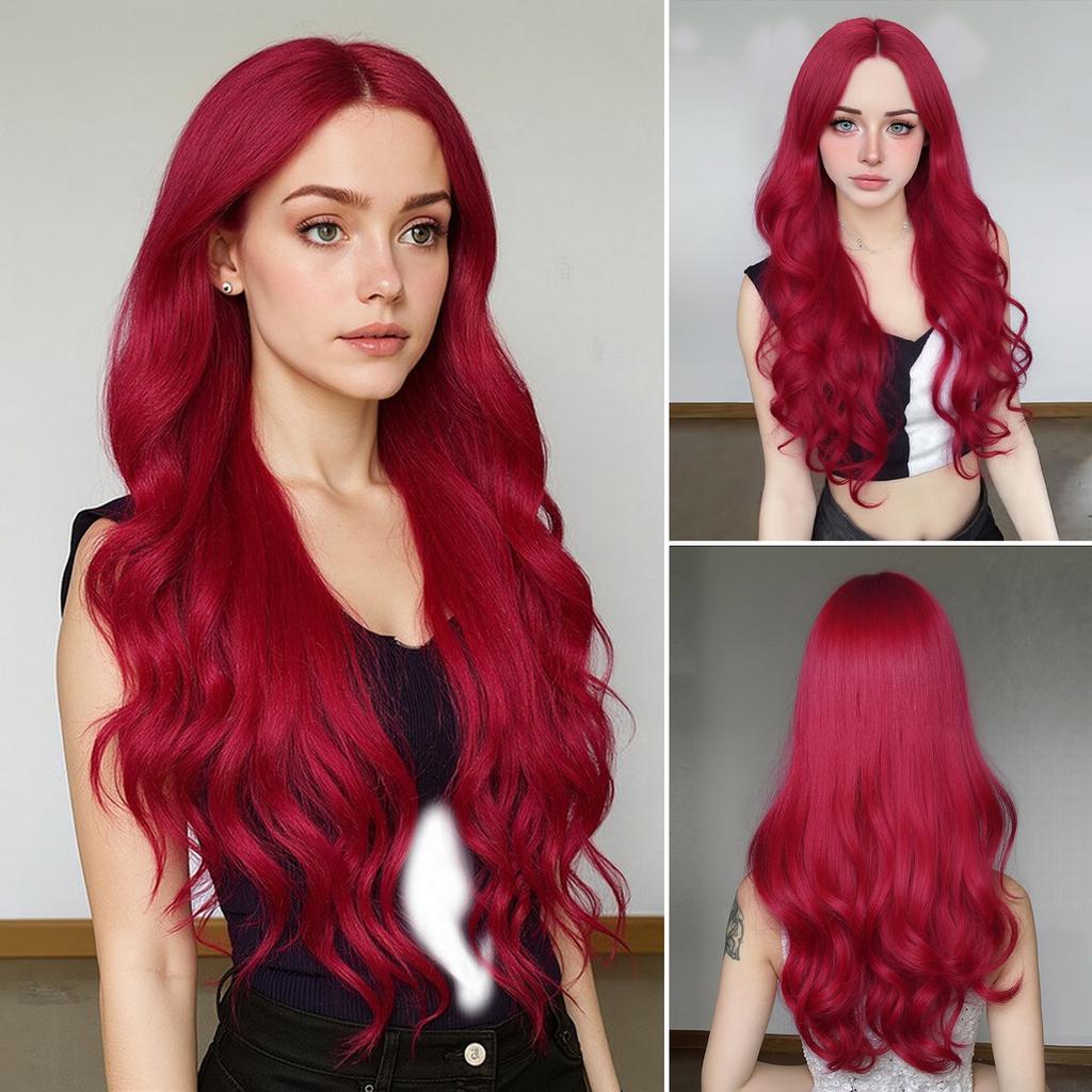 Wine Red Middle Part Wavy Wigs Realistic Cosplay Costume Wigs For Travel Celebrations Weddings
