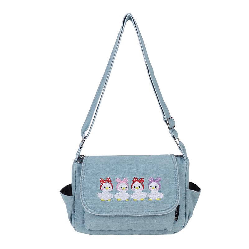 Denim Bag Embroidered Kitten Crossbody Bag Women Multi-Pocket Shoulder Bag светло-синий