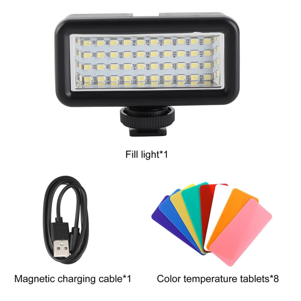 40m Underwater Fill Light IPX8 Water Resistant 40LED Diving Light with 8pcs Color Filters 6000 6500K Magnetic Charging