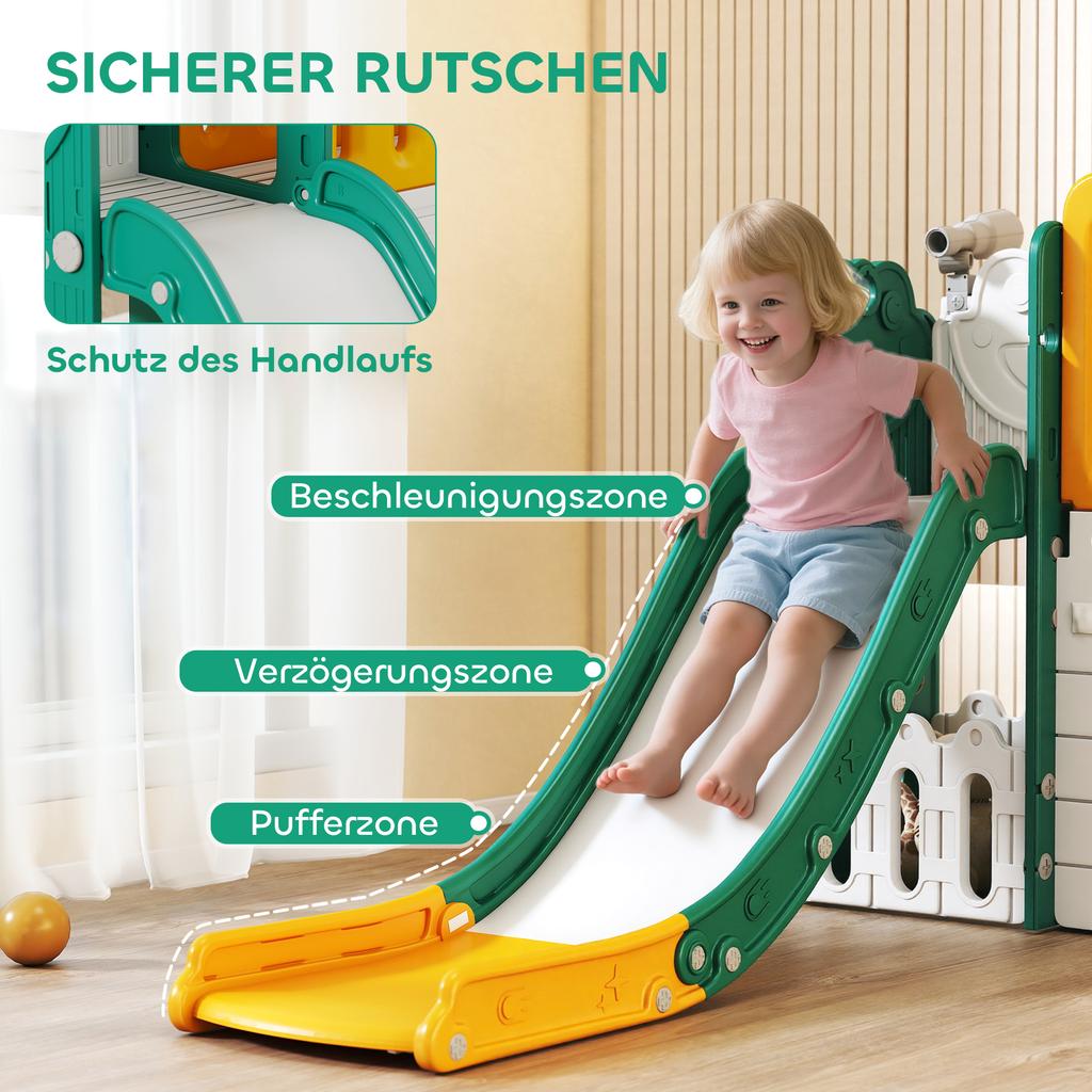 7-in-1 Kids Slide, Indoor Playground, Climbing Frame, House, Board, Basketball Hoop, 1-4 Years, Plastic, Yellow+Green