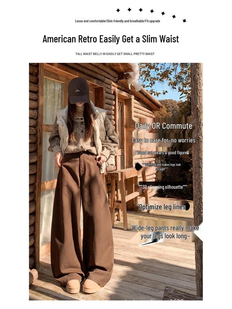 Modne damskie jeansy z szerokimi nogawkami w kolorze ciemnej kawy