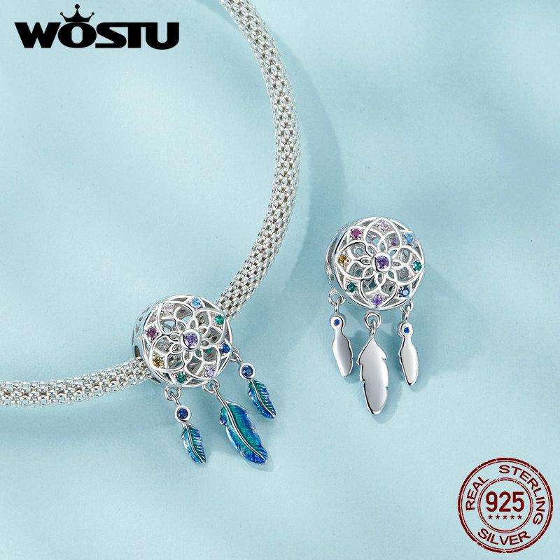 WOSTU 925 Sterling Silver Rainbow Dream catcher Charms Pendant Blue Angel Wing Beads Fit Original Bracelet Neckace DIY Gift