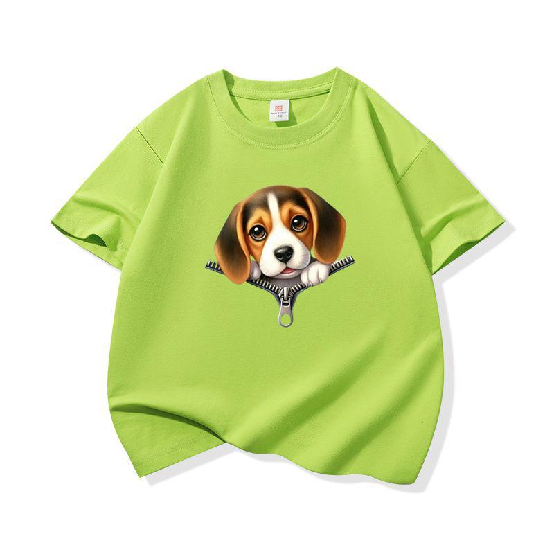 Kids Cotton T Shirt Cute Beagle Puppy Dog Zipper Print Crew Neck Short Sleeve Tee Casual Breathable Boys Girls Summer Tops