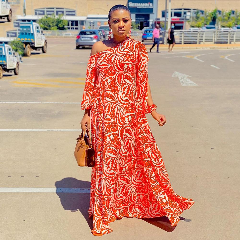 Summer new European and American women s clothing printed dress slanted shoulder medium sleeve loose sexy long dress dress S оранжевый