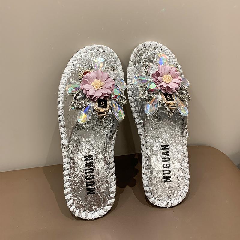 Aphixta Diamant Blumen Dekoration Flach Mit Hausschuhen Lässig Damen Süße Mules Draußen Sommer Sandalen Schuh Nähen Slide