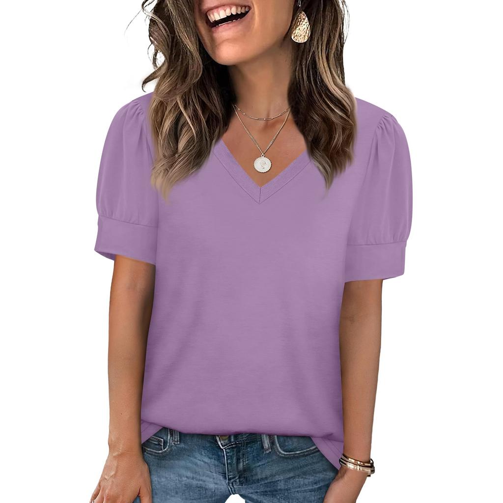 Women's Fashion Casual V- Neck Short Sleeve Color Shirt Women's Up Tops
