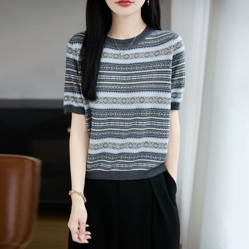 Round-neck Knitted Short-sleeved Women's Color-blocked Jacquard Base Layer Top for Spring/summer New Style Vintage T-shirt
