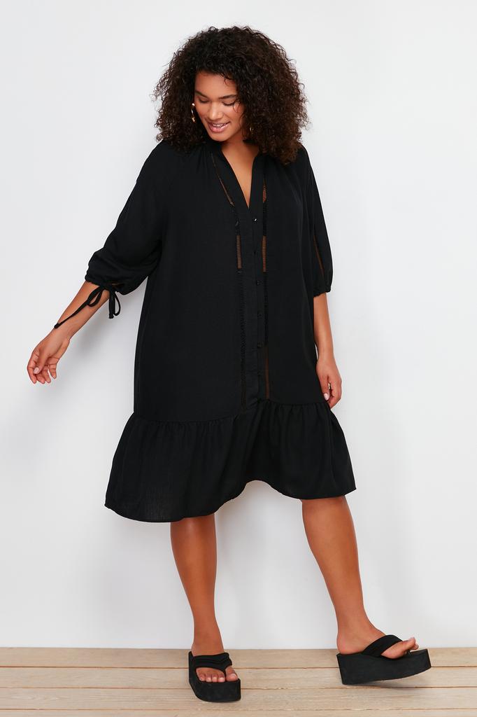 Women's Fashion New Plus Big Size Dress Black V-Neck Flounce Hem Beach Dress