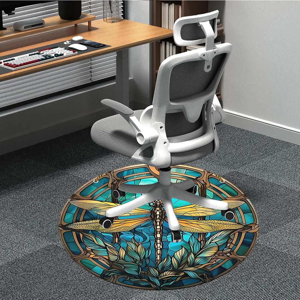 1PC Dragonfly StainedGlass Office Round Area Rug, Mat Suitable ForOffice, Under Office Chairs Bedroom Living Room Home Decor, Room Deco