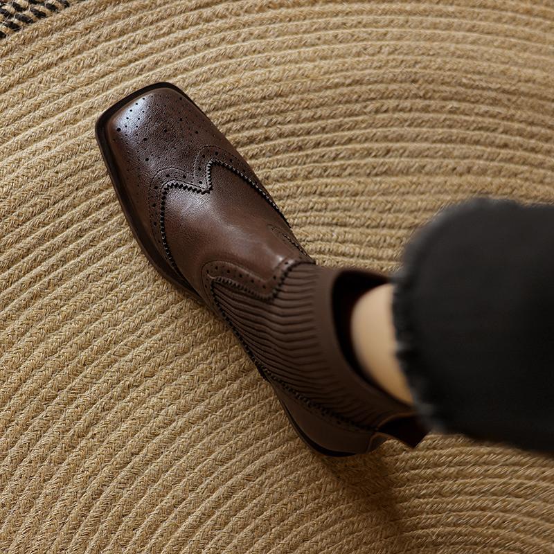 Fashion 2024 Winter Genuine Leather Women Boots Autumn Women Shoes Brogues Vintage Block Stretch Chelsea Boots Retro Ankl Boots