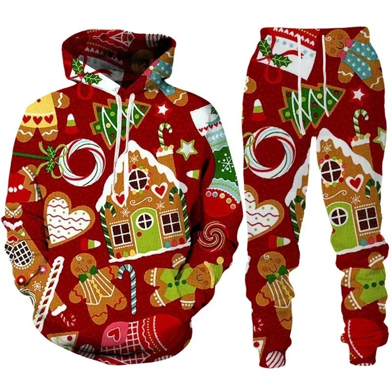 3D Print Hoodies Suit Christmas Santa Claus Man Woman Tracksuit Pants 2pcs Sets New Year Holiday Party Casual Pullover Oversized