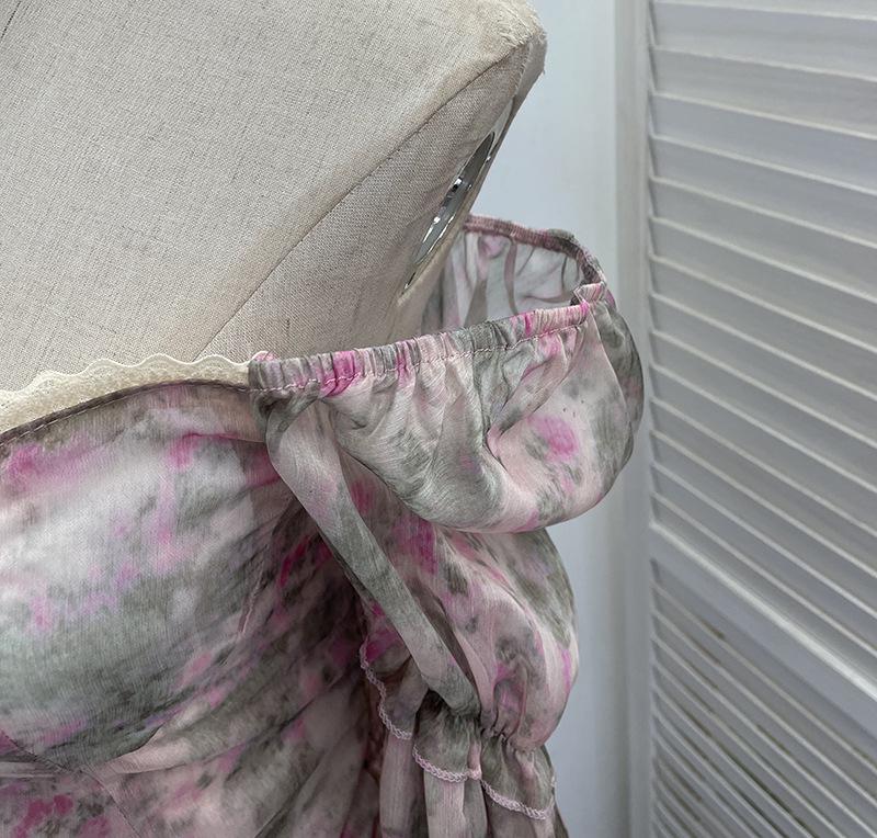 One-Shoulder Floral Print Bustier with Bell Sleeves and Lace-Up Back