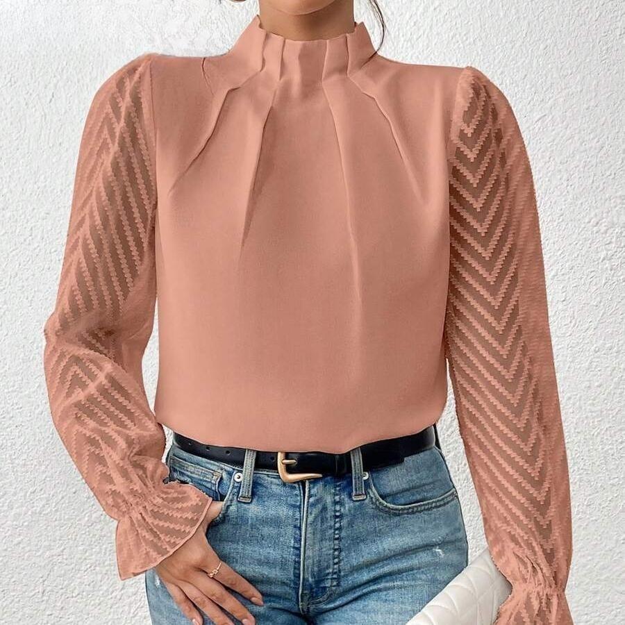 Women's Autumn Winter Half High Neck Patchwork Chiffon Long Sleeve Top