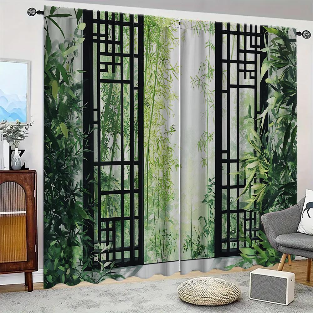 2PC Home Window bamboo forest Curtains With Landscape Background And Pole Pocket Curtains, Kitchen, Coffee Shop, Living Room, Ba