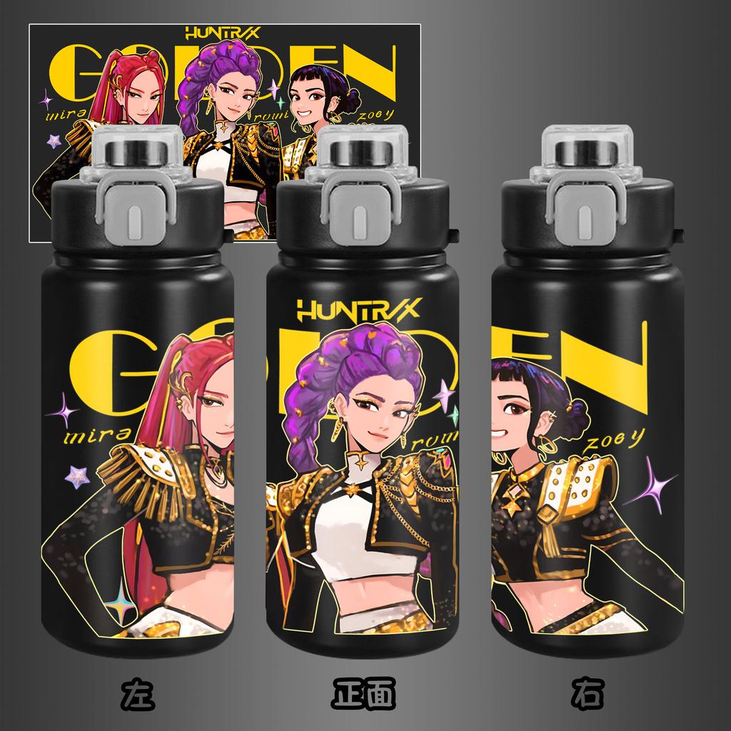 600Ml Water Bottle Anime Cartoon K-Pop Demon Hunters Printed Large Capacity Drinking Cup Portable Outdoor Sports Water Cup Children Kid Gift