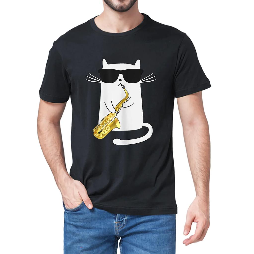 Oversized Casual Tee Clothing Streetwear Unisex 100 Cotton Funny Cat Shirt Saxophone Music Gift Men TShirt