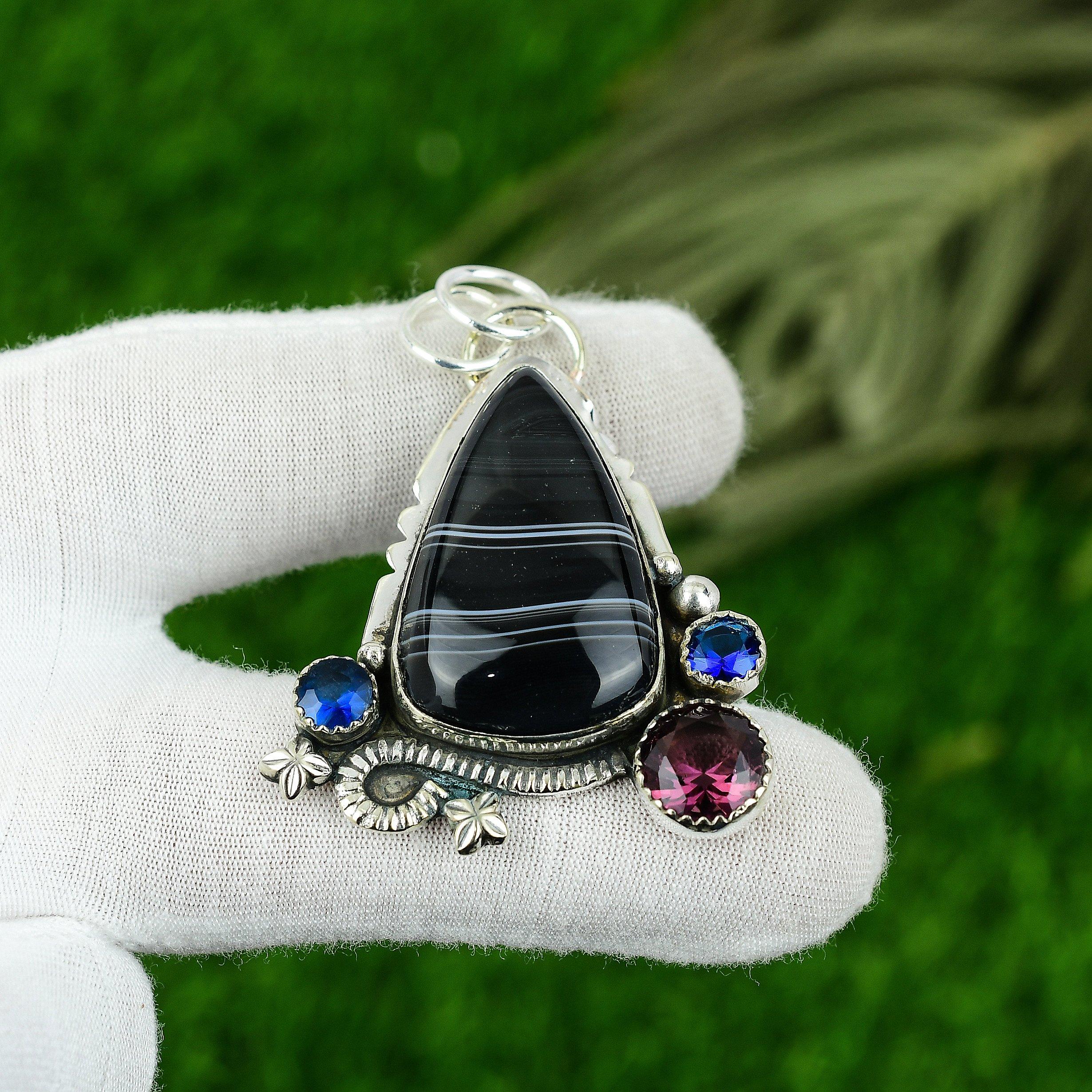 Womens day Sale 925 Sterling Silver Sardonyx Gemstone Blue Topaz Pendant Jewelry