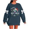 Ladies' Christmas Printed Bow Round Neck Long Sleeved Loose Pullover Sweater Sweatshirt Top
