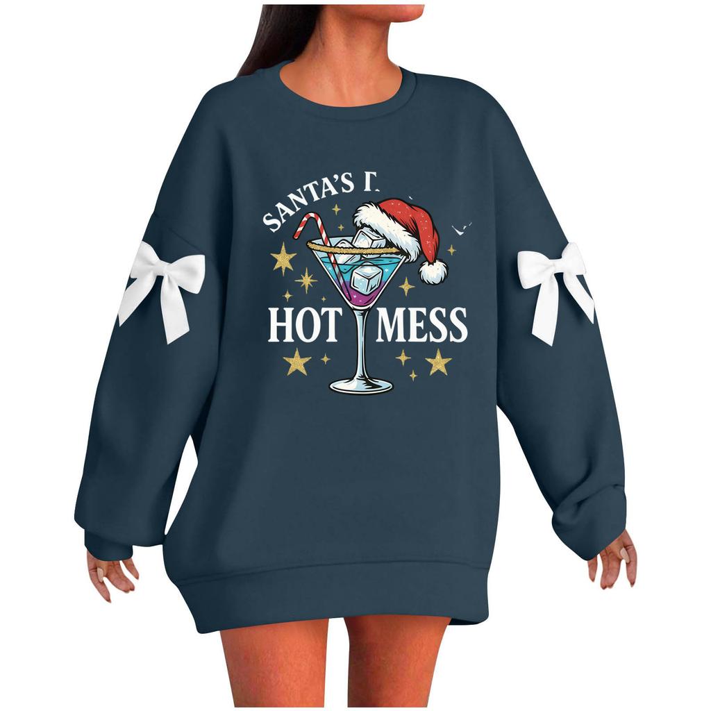 Ladies' Christmas Printed Bow Round Neck Long Sleeved Loose Pullover Sweater Sweatshirt Top