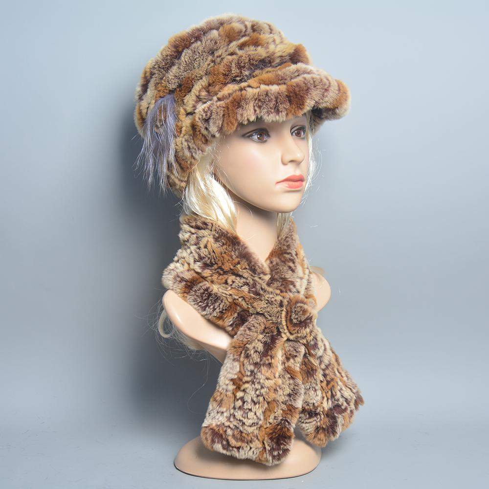 2024 Knitted Real Rex Rabbit Fur Hat Scarf Women Winter Rex Rabbit Fur Cap Scarves Sets Natural Warm Rex Rabbit Fur Muffler Hats