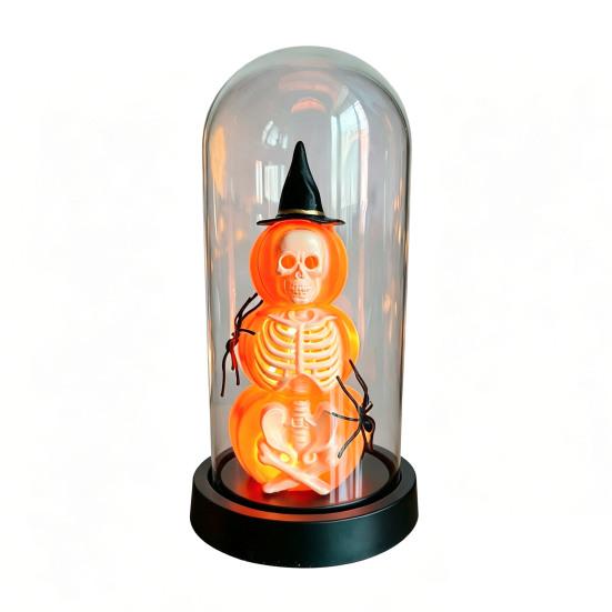 Yousheng Halloween Decoration, Lighted Skeleton in Clear Dome Cloche with Warm Glow, Battery Operated Skull Lamp with Witch Hat for Tabletop Mantel