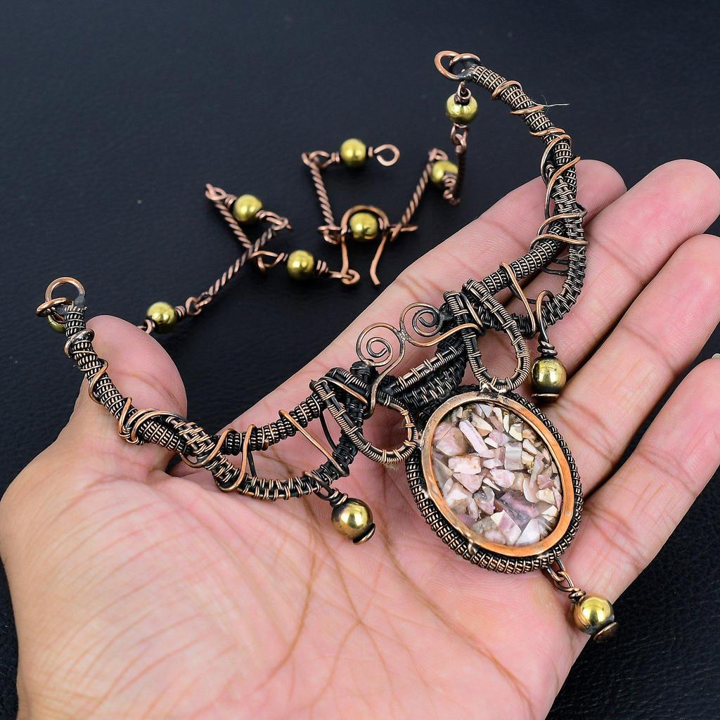 Copper Rhodochrosite Necklace Gemstone Jewelry, 999 Copper Wire Wrapped Necklace, Adjustable Handmade Chain Necklace Gift For Wife Jewelry