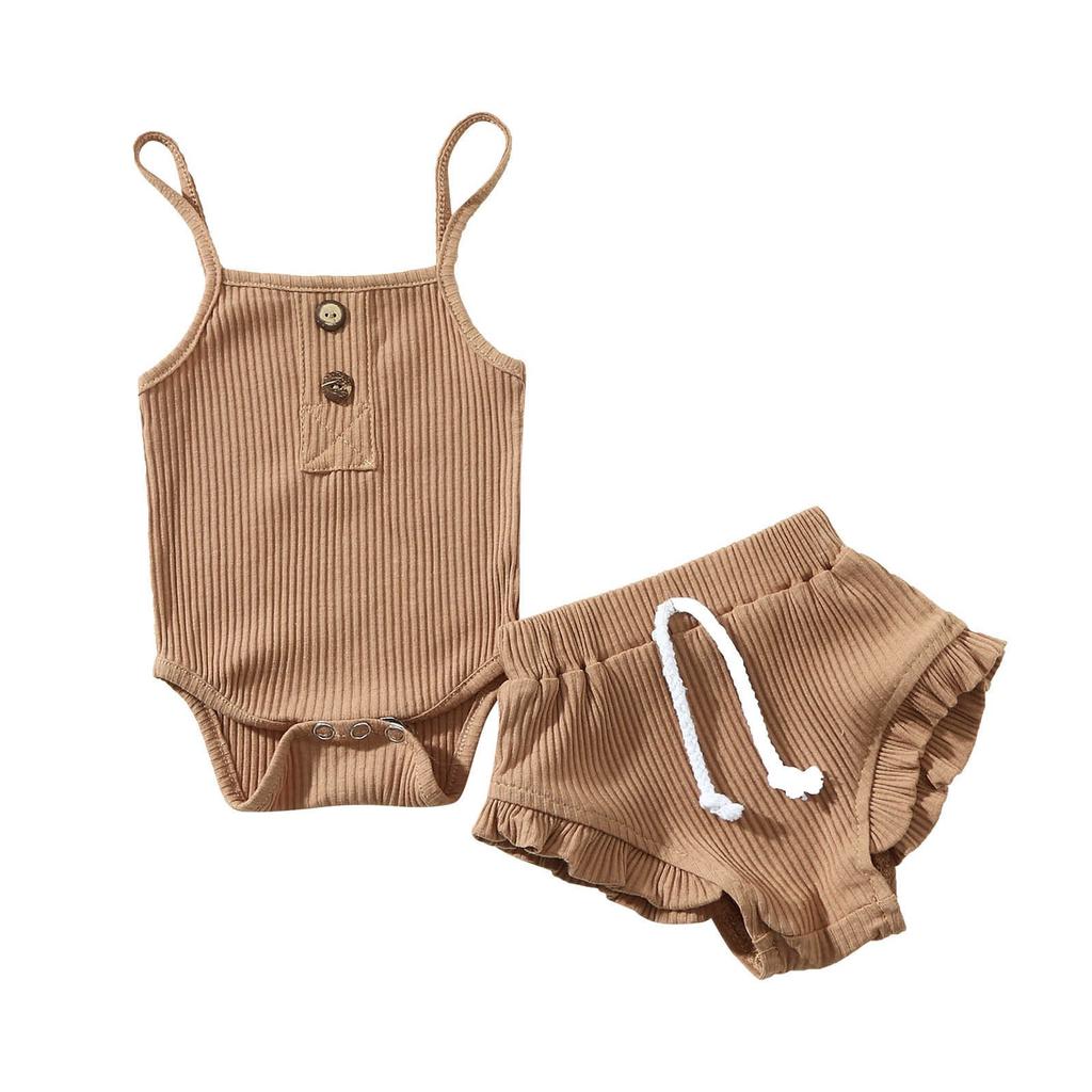 Noworodek Baby Girl Strap Solid Romper Tops Spodenki Zestaw letnich strojów