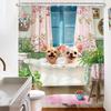 Kids Funny Dog Shower Curtain Cute Hilarious Animals Puppy Wooden Window Floral Flowers Bubbles Leaves Plant Botanical Fabric