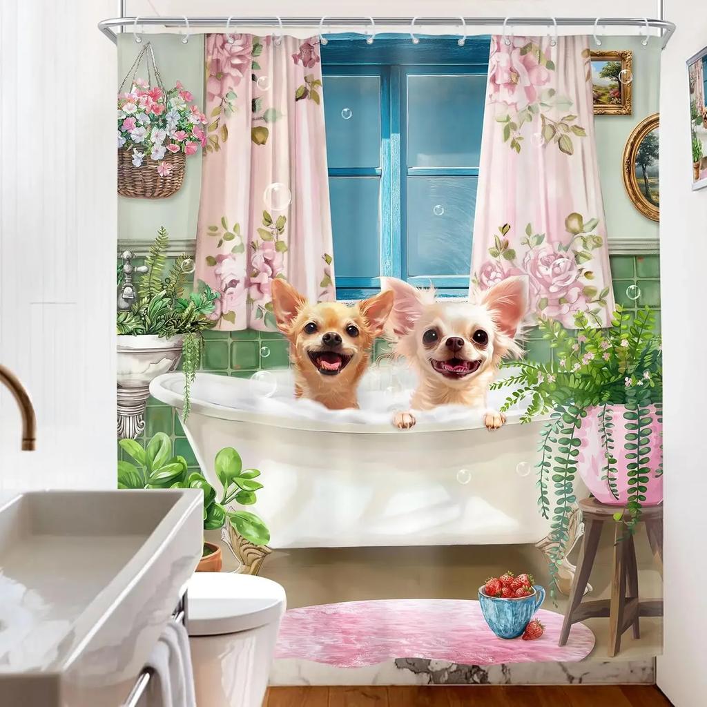 Kids Funny Dog Shower Curtain Cute Hilarious Animals Puppy Wooden Window Floral Flowers Bubbles Leaves Plant Botanical Fabric