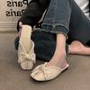 Wrapped toe half slippers women wear 2025 new Korean bow pearl flat soft-soled fish mouth slippers in summer
